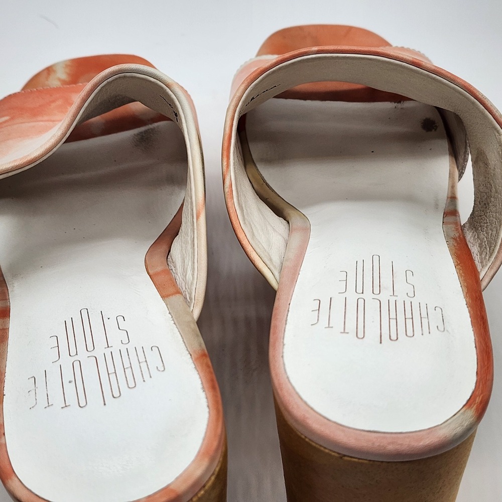 Charlotte Stone Nina Marbled Leather Platform Sandals Women's 9 Orange Wood Heel - Picture 9 of 13